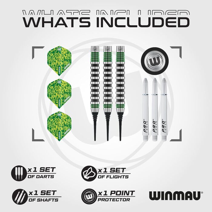 Професійний набір дротиків WINMAU Advance 500, вольфрамові, Softip, 22 г, зелений, з оперенням та штифтами