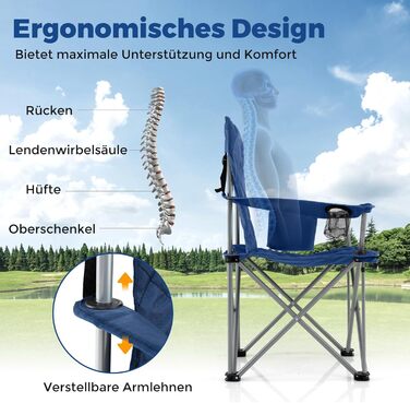 Крісло для кемпінгу Costway XXL, 227 кг, з підлокітниками та кишенею для напоїв, для відпочинку на природі, риболовлі, дачі, пляжу (Navy)