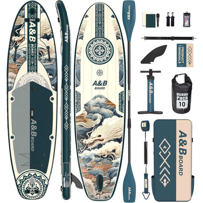 Надувний SUP-борд A&BBOARD з аксесуарами, 335x88 см, для підлітків та дорослих (зелений + дракон)