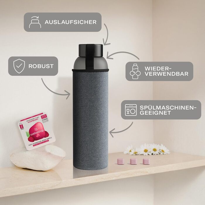 Подарунковий набір waterdrop® до Дня матері — скляна пляшка 1 л з 18 цукрозамінними драже, смакові краплі з вітамінами, для жінок, підходить для газованої води