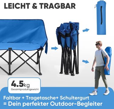 Складне крісло-диван для кемпінгу Sunula на 2 особи - портативне крісло з підлокітниками та сумкою, ідеально для пікніків, кемпінгу, саду, балкону, намету та риболовлі. Синій, 110 см