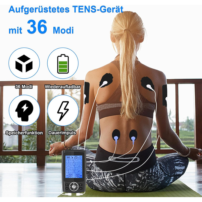 Апарат для терапії болю TENS EMS, електроспур з 36 програм, 12 електродів, для зняття болю