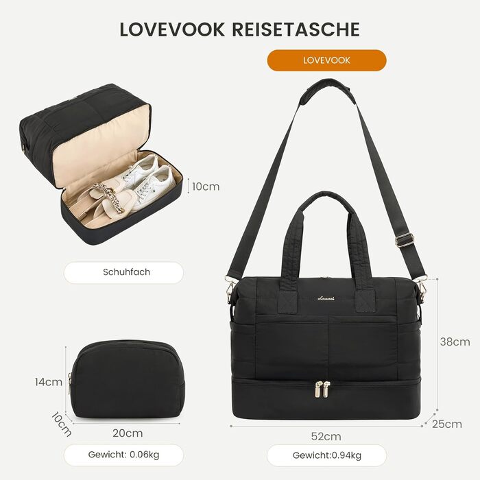 Сумка-мішок LOVEVOOK для вихідних, клінічна сумка, ручна поклажа, легка лікарняна сумка, місткий дорожній мішок з відділенням для взуття та косметичка, спортивна сумка для подорожей, 52x38x25 см (50 л), B-beige Nude