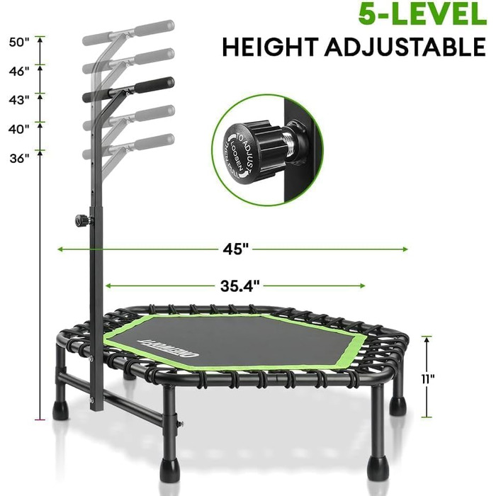 Трамплін ONETWOFIT 107/114 см для дому та вулиці, з м'яким пружинним батутом, тихий міні-трамплін для фітнесу, зелений шестигранник з ручкою