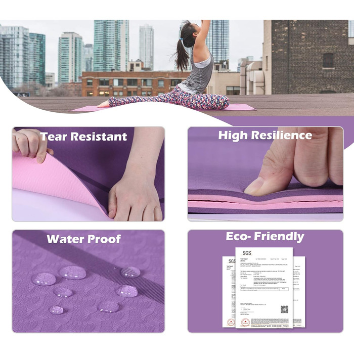 Килимок для йоги Marjar з неслизьким покриттям, фітнес-килимок для занять гімнастикою та йогою, TPE, з ручкою для перенесення, 183x61x0.6/0.8/1 см, фіолетовий & рожевий