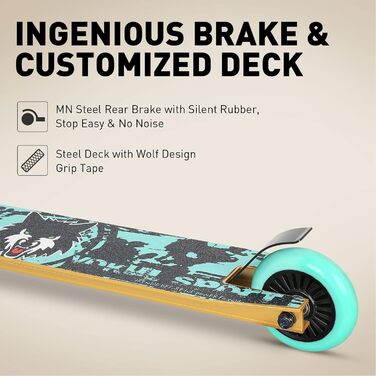 Скутер для трюків Joycruise Profi Scooters – ідеальний вибір для дітей та підлітків (від 6 років). Міцний фристайл-скутер з 360° поворотом та колесами 100 мм. Чорний колір, золоті акценти.