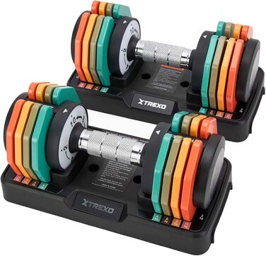 Регульований набір гантелей TREXO 2x5 кг зі сталі з неслизькими ручками. Ідеально для силових тренувань вдома та в спортзалі. Стабільна підставка (багато кольорів, 2x10 кг)