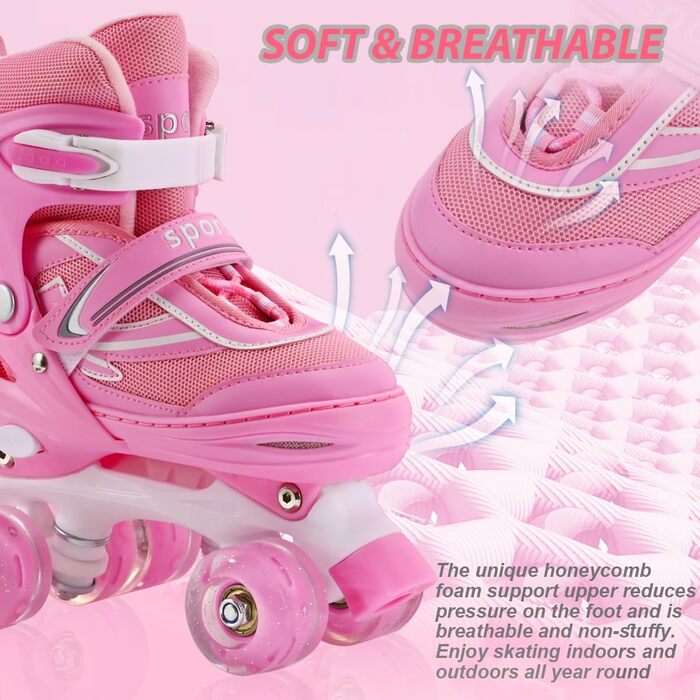 Дитячі ролики Kinder Quad для дівчаток та хлопчиків, 4 розміри, регульовані, для занять в приміщенні та на вулиці (M (34-37), Рожеві)
