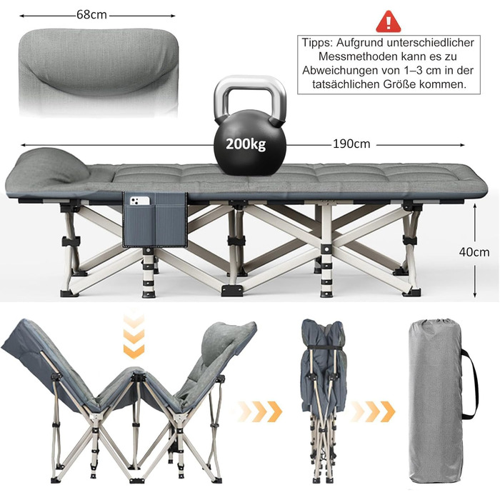 Кемпінгове ліжко Caliyo, розкладне, для відпочинку та гостей, 190x68x40 см, з сумкою для зберігання, сірого кольору