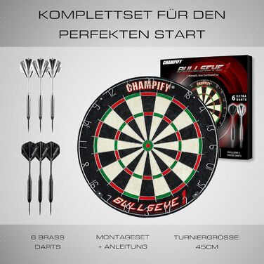 Дартс Champify® Steeldart Ø 45см: Набір з 6 дротиками, професійний, для початківців та досвідчених гравців, сізал, з монтажним комплектом