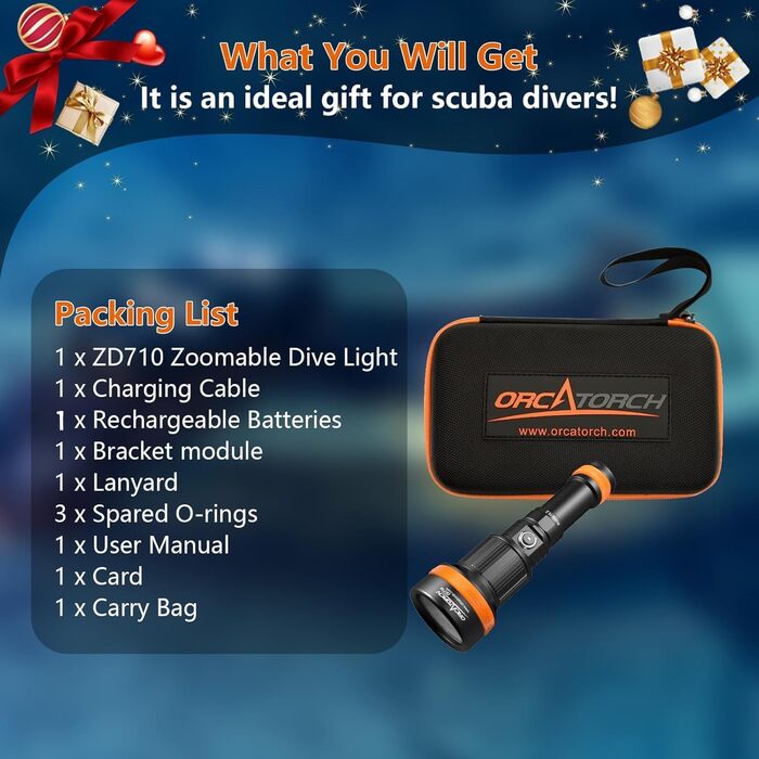 Ліхтар підводний ORCATORCH ZD710MK2 LED з регулюванням фокусу, 1500 люмен, 4 режими, 2-в-1 (прожектор та світло, що розливається), IP68, водонепроникність до 150м, акумулятор для дайвінгу, кемпінгу