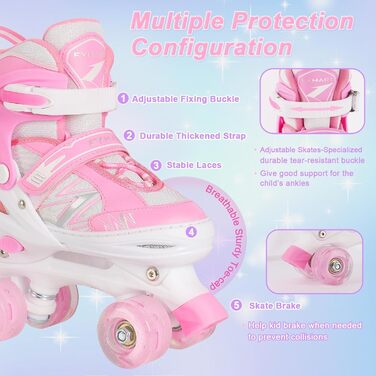 Роликові ковзани дитячі DUZSKJ для хлопчиків та дівчаток, регульовані, з підсвіткою, 4 розміри, рожевий колір