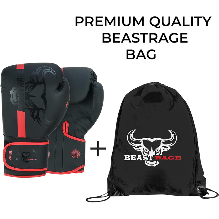 Боксерські рукавички BEAST RAGE для боксу, кікбоксингу та муай-тай (12oz, червоні) - чоловічі та жіночі, для тренувань та боксерського мішка