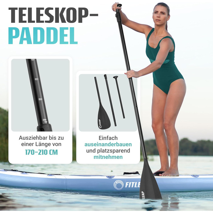 Надувний SUP Борд Fitleap Premium Stand Up Paddle Board - Комплект з насосом, веслом та рюкзаком. Підходить для йоги, серфінгу та водних видів спорту. Для 1 особи.