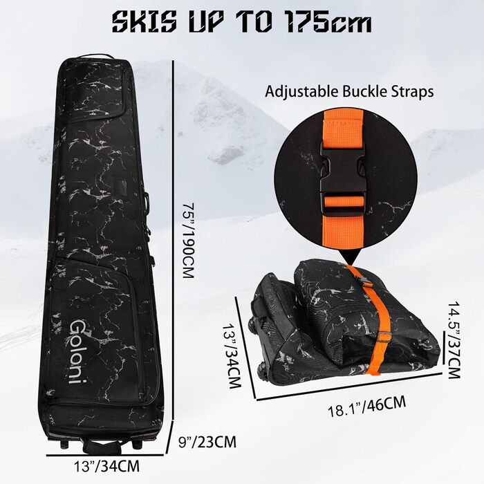 Чохол для сноуборду з роликами, захищений, для подорожей літаком, 600D водонепроникний матеріал, складаний, вміщує 2 пари лиж (175 см, чорно-білий)