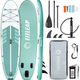Надувний SUP Борд Fitleap Premium Stand Up Paddle Board - Комплект з насосом, веслом та рюкзаком. Ідеально для початківців та професіоналів, для йоги, серфінгу та водного спорту. (Зелений в смужку, 1 особа)
