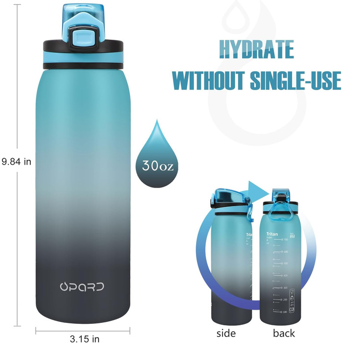 Спортивна пляшка для води Opard 900 мл з герметичним кришкою, без BPA, Tritan, для фітнесу (блакитно-сірий градієнт)