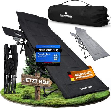 NORDICTRAILS Кемпінгове ліжко NORDICTRAILS - розкладне, XXL, зручне | Розкладне, легке та широке для відпочинку на природі | Гостьове ліжко, лежак, розкладне ліжко, рибальське ліжко, кемпінгове ліжко для коропа з суперм'яким матрацом (з матрацом, чорне)