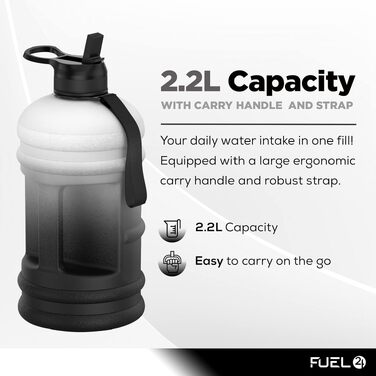 Спортивна пляшка для води Fuel24 Jug на 2,2 літра, велика ємність, без БПА, з ручкою та вибором кришки (потік або трубочка)