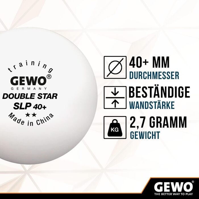 GEWO Double Star SLP тенісні м’ячі для настільного тенісу 2 зірки, пластикові 40+ мм, безшовні, професійні тренувальні, 72 шт., білі