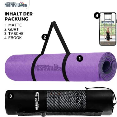 Килимок для гімнастики та йоги з неслизьким покриттям, з сумкою та E-book, 183x61 см, Мандала, фіолетовий + чорний