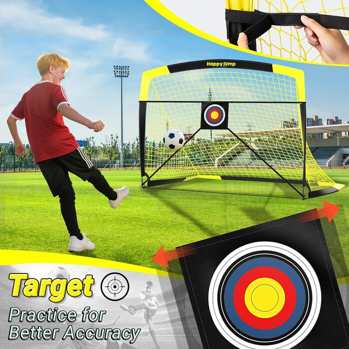 Ворота для футболу Happy Jump Pop-Up – складані, для дітей та дорослих | 1 або 2 ворота: 120x90 / 152x110 / 213x152 см | З м'ячем, насосом, конусами та мішенню | Для саду та подарунка