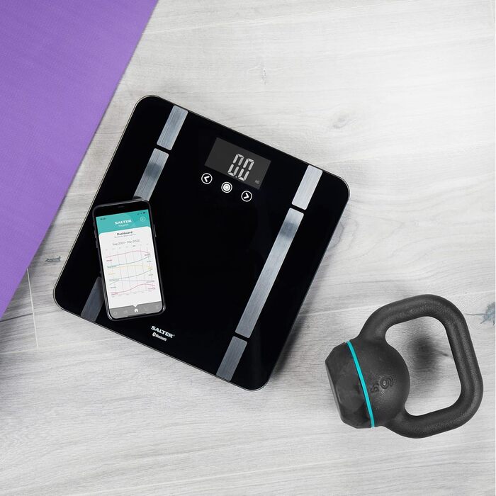 Bluetooth вага для ванної Salter SA00432FEU6, 200 кг, 8 користувачів, чорна, підключення до Salter Health App, контроль ваги та фітнесу