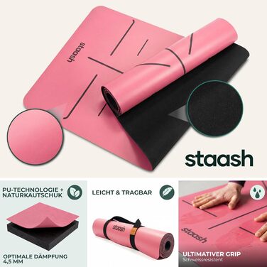 STAASH Преміум комплект килимків для йоги – нековзний з PU та натурального каучуку (4,5 мм) – з рушником для йоги, ремінєм та наколінником – широкий та довгий – довговічний, студійного зразка для жінок та чоловіків, рожевий