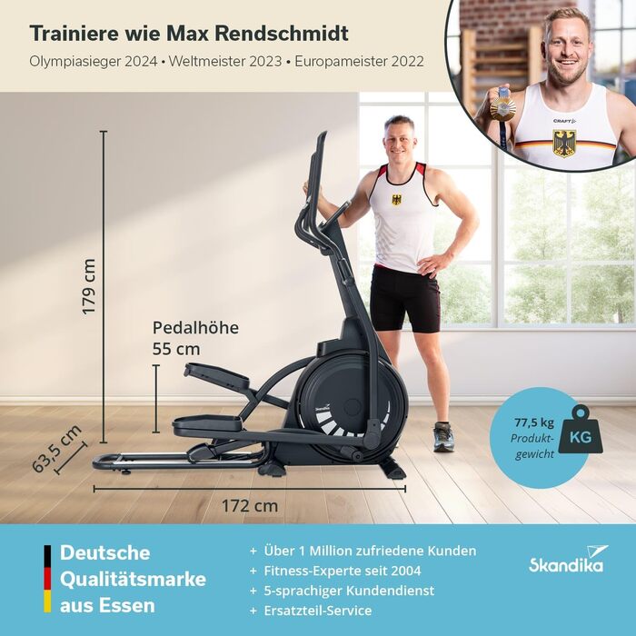 Еліптичний тренажер Skandika Crosstrainer P23 Carbon: 23 програми, 16 рівнів, компактний, тихий, сумісний з Kinomap, до 135 кг