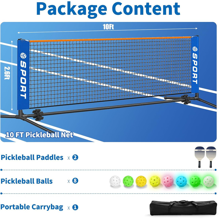 Набір для піклболу: сітка, 2 ракетки, 8 м'ячів, сумка - для дітей та початківців
