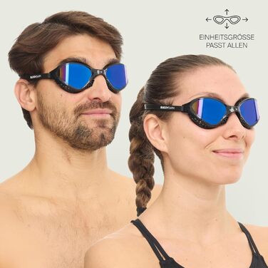 Окуляри для плавання OzeanX чоловічі та жіночі з UV400 захистом, антизапітні з панорамними лінзами XVISION. Чорно-сині