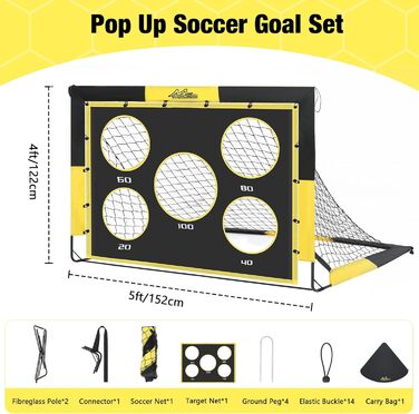 Ворота для футболу MoKo для саду, 150x120 см, сітка з мішенню, портативне обладнання для тренувань дітей, ігровий спорт на відкритому повітрі (чорний+жовтий)