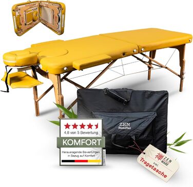 Масажний стіл Zen Basic III: складаний, мобільний, дерев'яний, з регулюванням висоти, для тату та косметології, з підголівником та підлокітниками (кремовий/жовтий)