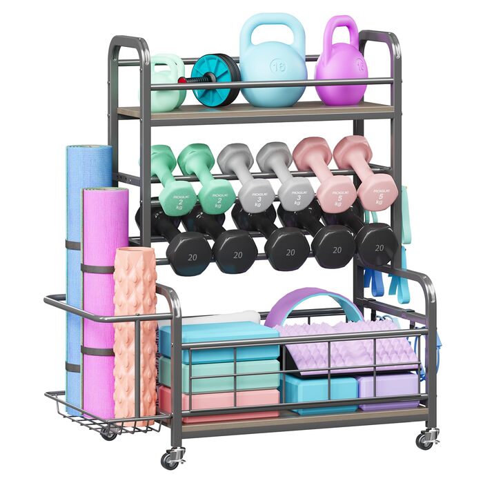 Стійка для гантелей Homeiju: зберігання гантелей, гир, йога-матів, з колесами та гачками (сіра)