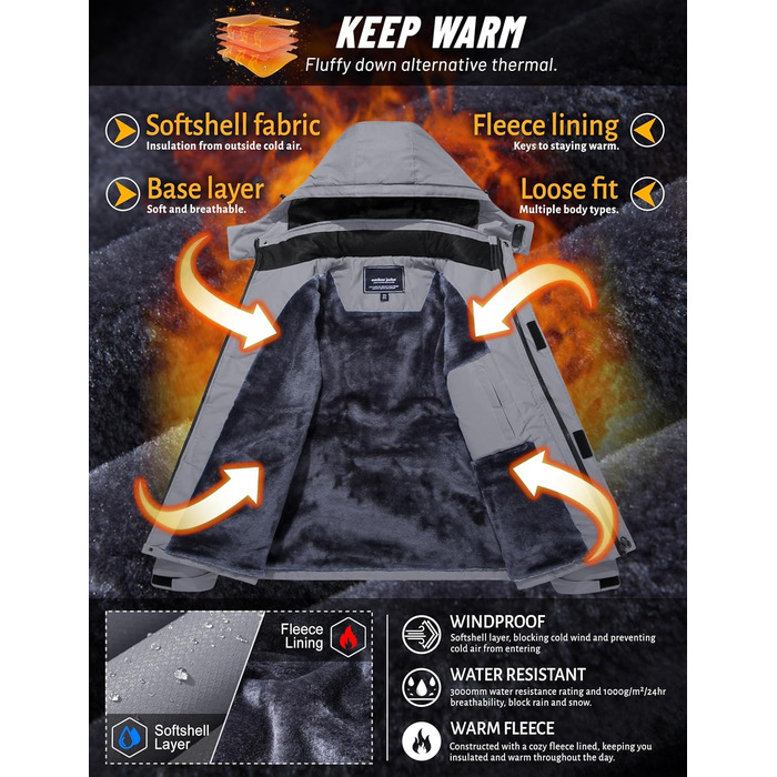 TACVASEN чоловіча зимова водонепроникна вітрозахисна куртка з флісовою підкладкою, теплий сноубордний/гірськолижний костюм з капюшоном, сірий XL