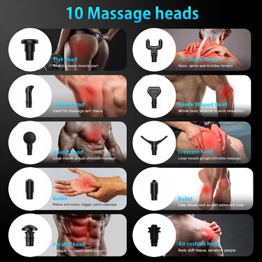 Масажер для м'язів Deep Tissue для спортсменів, ударний масаж для шиї та спини з 10 насадками, 30 швидкостей, електричний масажер, чорний