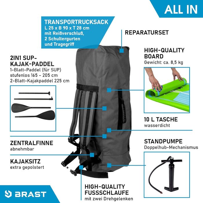 Надувний SUP-борд BRST Turtle | Комплект для станд-ап паділбордингу | 320x81x15 см | 4 дизайни | 5 років гарантії | з аксесуарами | 2-в-1: SUP та каяк, кріплення для Action Cam, фіксатор для ніг, рюкзак | Зелений