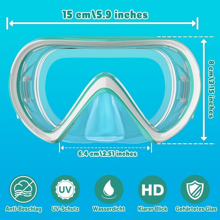 Дитячі маски для снорклінгу COOLOO з тканиновою стрічкою, маски для плавання для дітей з насадкою для носа для хлопчиків та дівчаток-підлітків, 【Патентовано】Маска для снорклінгу з панорамним оглядом 180° HD Anti Fog Anti Leak для дітей 4-16 років (2-Зелен
