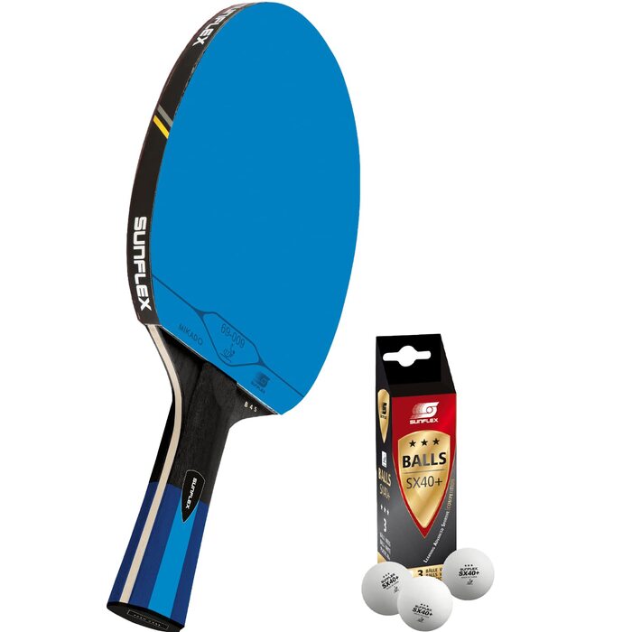 Ракетка для настільного тенісу Sunflex Color COMP B45: Професійна ракетка ITTF, з блакимою накладкою та ергономічною ручкою (комплект з 3 м'ячами)