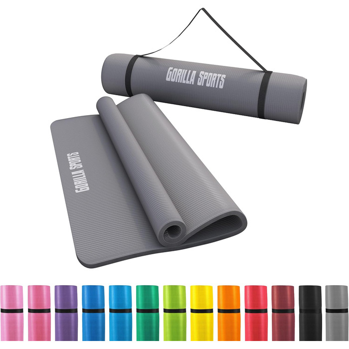 Фітнес-мат для йоги GORILLA SPORTS 190x60x1,5 см, сірий, нековзний, без фталатів, з ременем для перенесення