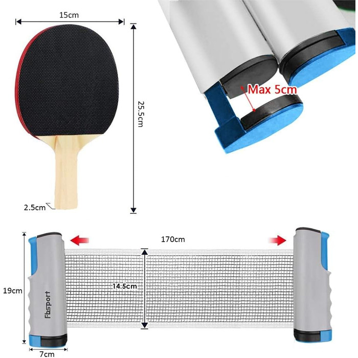 Набір для пінг-понгу FBSPORT: 2 ракетки, 6 м'ячів, сітка, сумка. Підходить для початківців та досвідчених гравців. Сірий колір