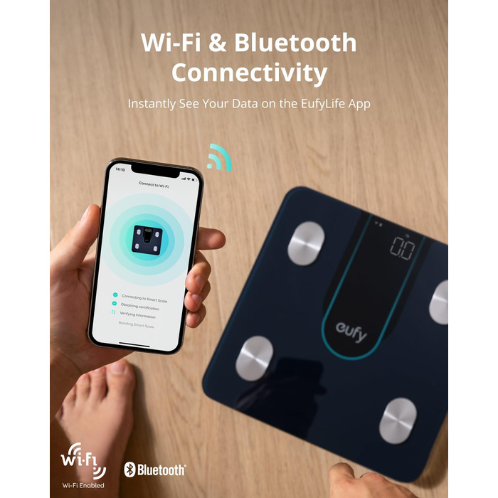 Ваги підлогові Eufy Smart Scale P2: Bluetooth, Wi-Fi, 15 показників (вага, жир, BMI, м'язи, кістки), 3D-модель тіла, чорні