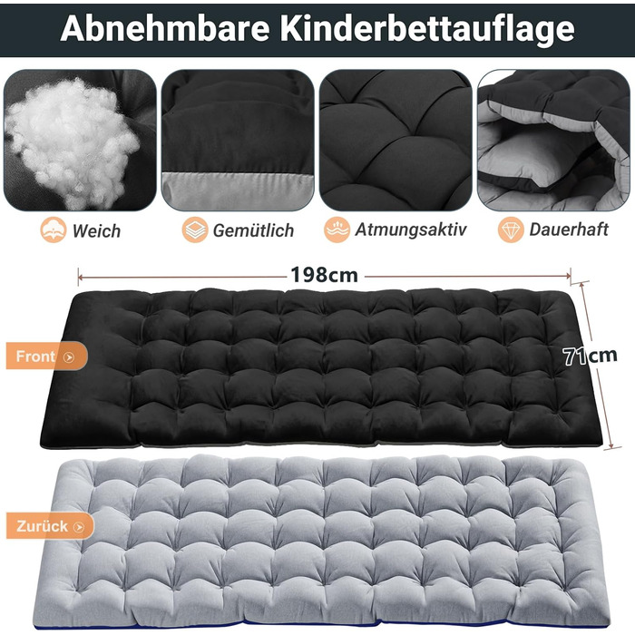 Розкладне кемпінгове ліжко MOPHOTO для дорослих з матом, 198 x 81,5 x 46 см, чорне