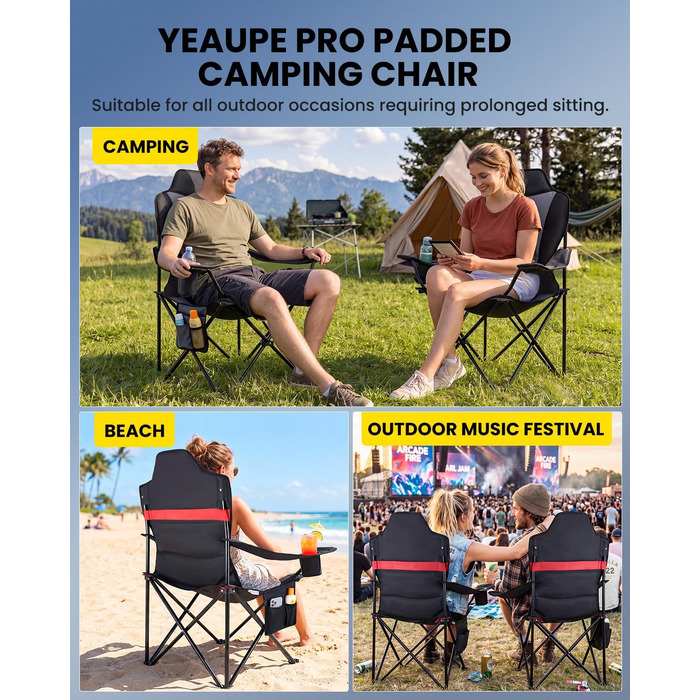 Складаний кемпінговий стілець YEAUPE PRO XL: комфортний стілець для кемпінгу та риболовлі з високою спинкою, м'яким сидінням, витримує до 150 кг