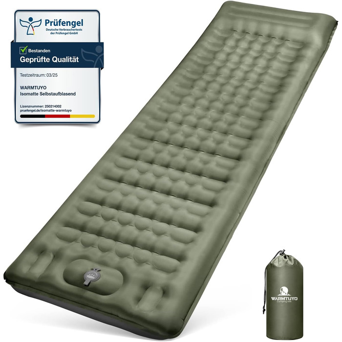 Каремат туристичний Isomatte самонадувний, 12 см, товстий, вологостійкий, з насосом для ніг та подушкою, антиковзаюча поверхня, для кемпінгу, пікніків, відпочинку на природі, армійного кольору