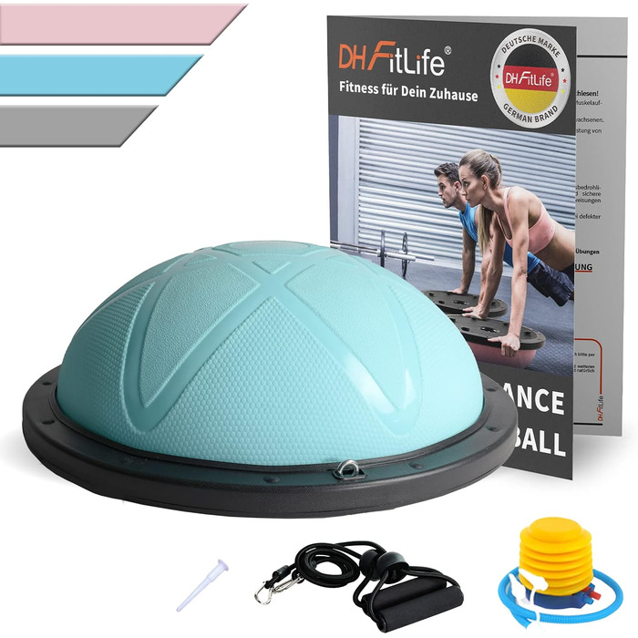Балансувальний напівм'яч DH FitLife Balance Ball 60 см, до 200 кг, з насосом і 2 фітнес-стрічками, синій – баланс борд для йоги та фітнесу