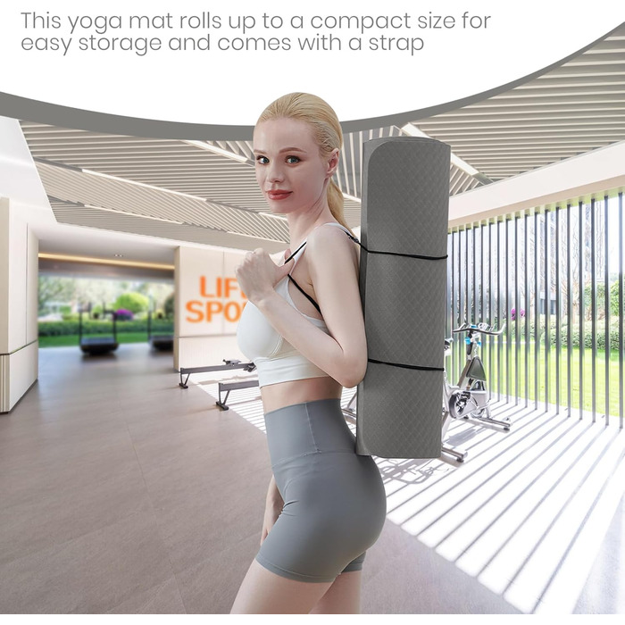 Yogamatta для жінок з антиковзким покриттям 10 мм. Товста килимок для йоги, пілатесу та фітнесу 183x61 см (сірий) з чохлом