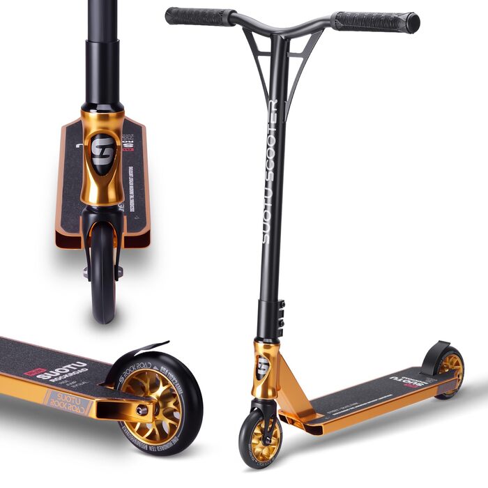SUOTU Професійний стент-скутер, 360° кермування, роликовий скейт з колесами 110 мм 85A PU, для дітей, підлітків та дорослих, вантажопідйомність 100 кг, алюміній, чорний – золотий