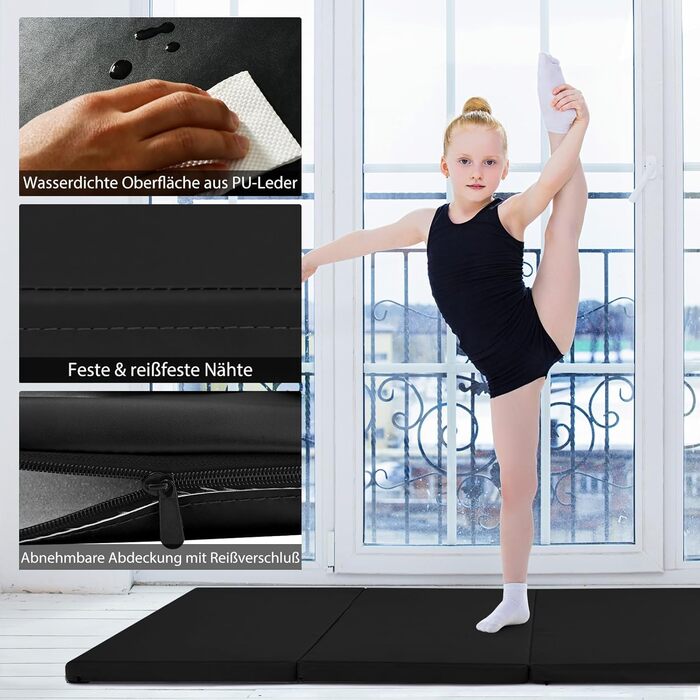 Складаний гімнастичний мат COSTWAY 240x120x5 см чорний, фітнес-мат для йоги та тренувань із ручками і липучками