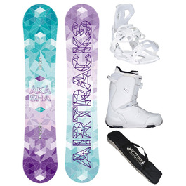 Жіночий комплект для сноубордингу Airtracks Akasha Flat Zero Rocker: сноуборд, кріплення Master W Fastec, черевики Star W (р. 39) та сумка, 150 см